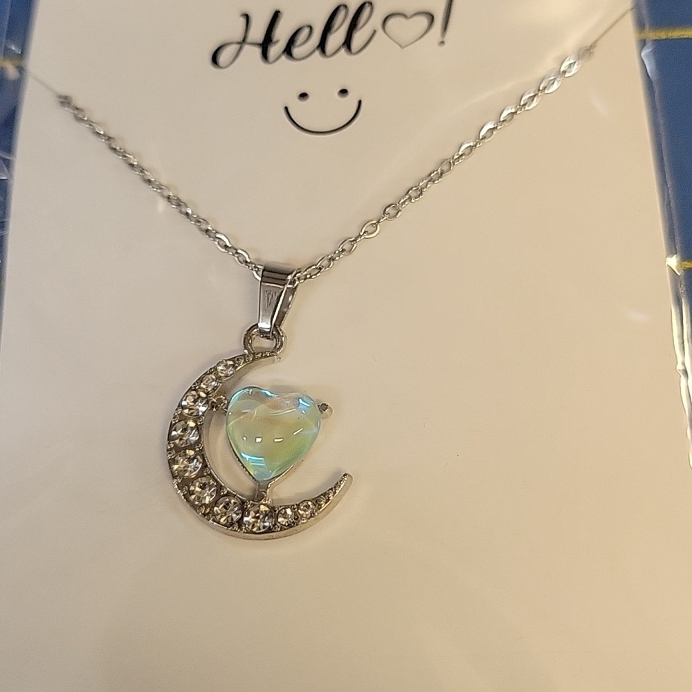 Silver Tone Moon & Heart Pendant 18" + 2" Extension Necklace